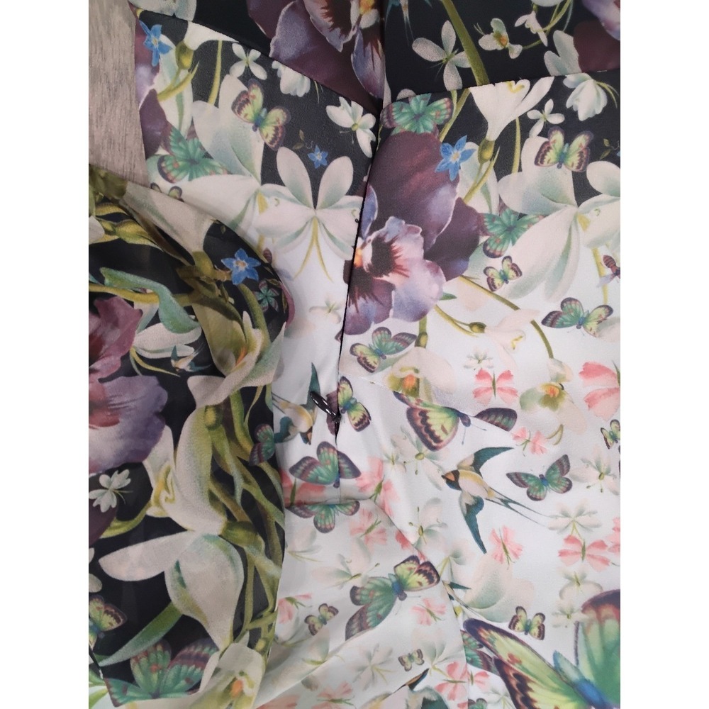 Ted Baker Floral Butterfly Chiffon Mini Dress Ruffle Neck Long Sleeve Multi US 8 - Picture 7 of 13